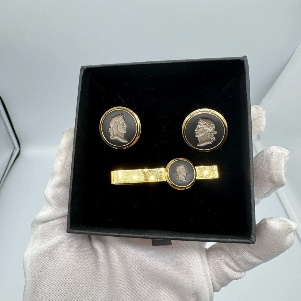 Wedgwood black Cameo Cufflinks Tie Clip‎ Set Gold Tone Mens Formal Gift for him